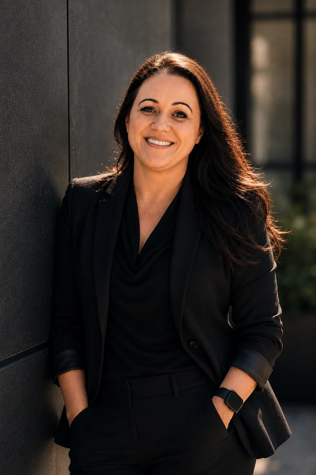Amy Seibert in a black suit, standing beside a dark wall